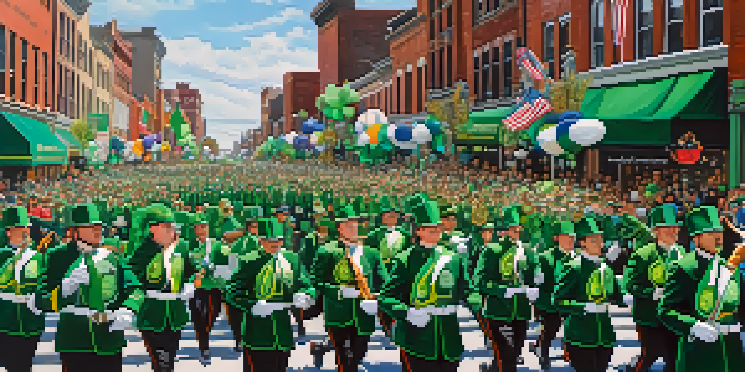 A lively parade scene showcasing participants in green attire, marching bands, and colorful floats celebrating St. Patrick's Day in Buffalo.