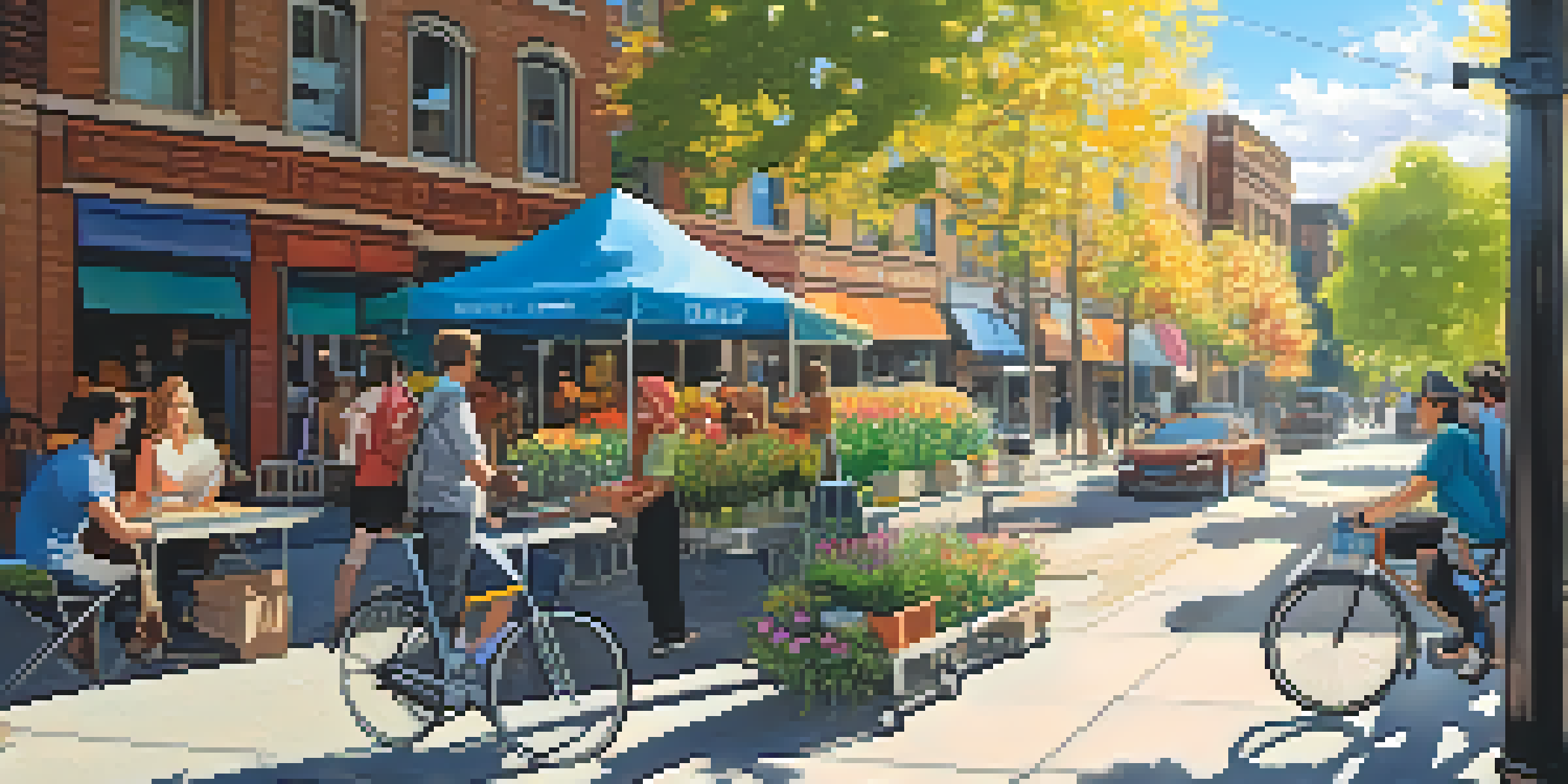 A vibrant street scene in Buffalo with gig workers, including a delivery person on a bicycle and a freelancer working on a laptop at a café.