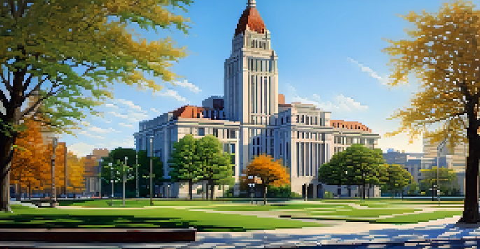 A majestic modernist architectural scene of Buffalo City Hall surrounded by green parks and contemporary buildings under a clear blue sky.