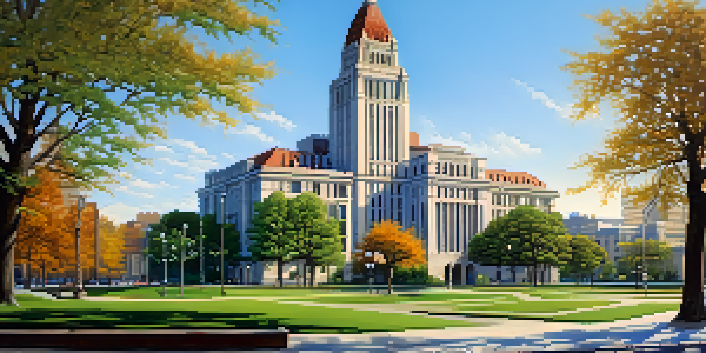 A majestic modernist architectural scene of Buffalo City Hall surrounded by green parks and contemporary buildings under a clear blue sky.