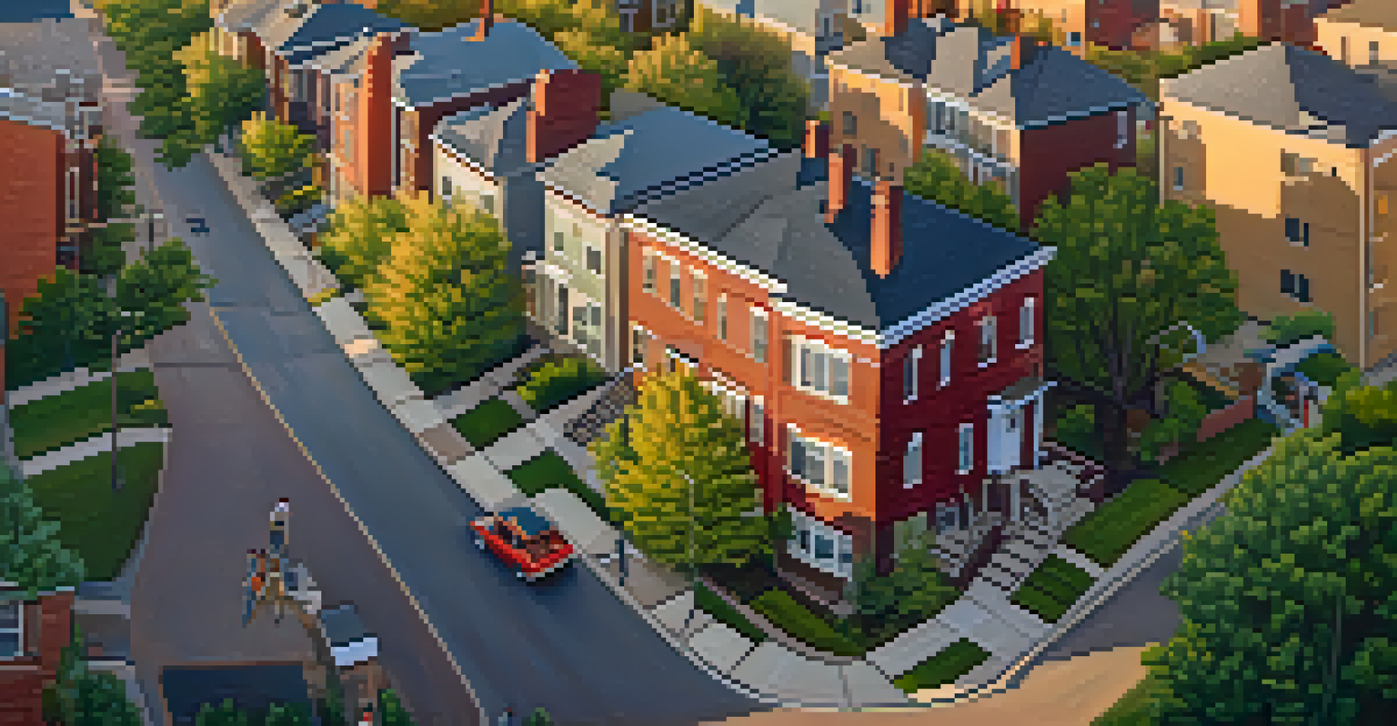 An aerial view of a revitalized Buffalo neighborhood with historic and modern homes, parks, and families outdoors during sunset.