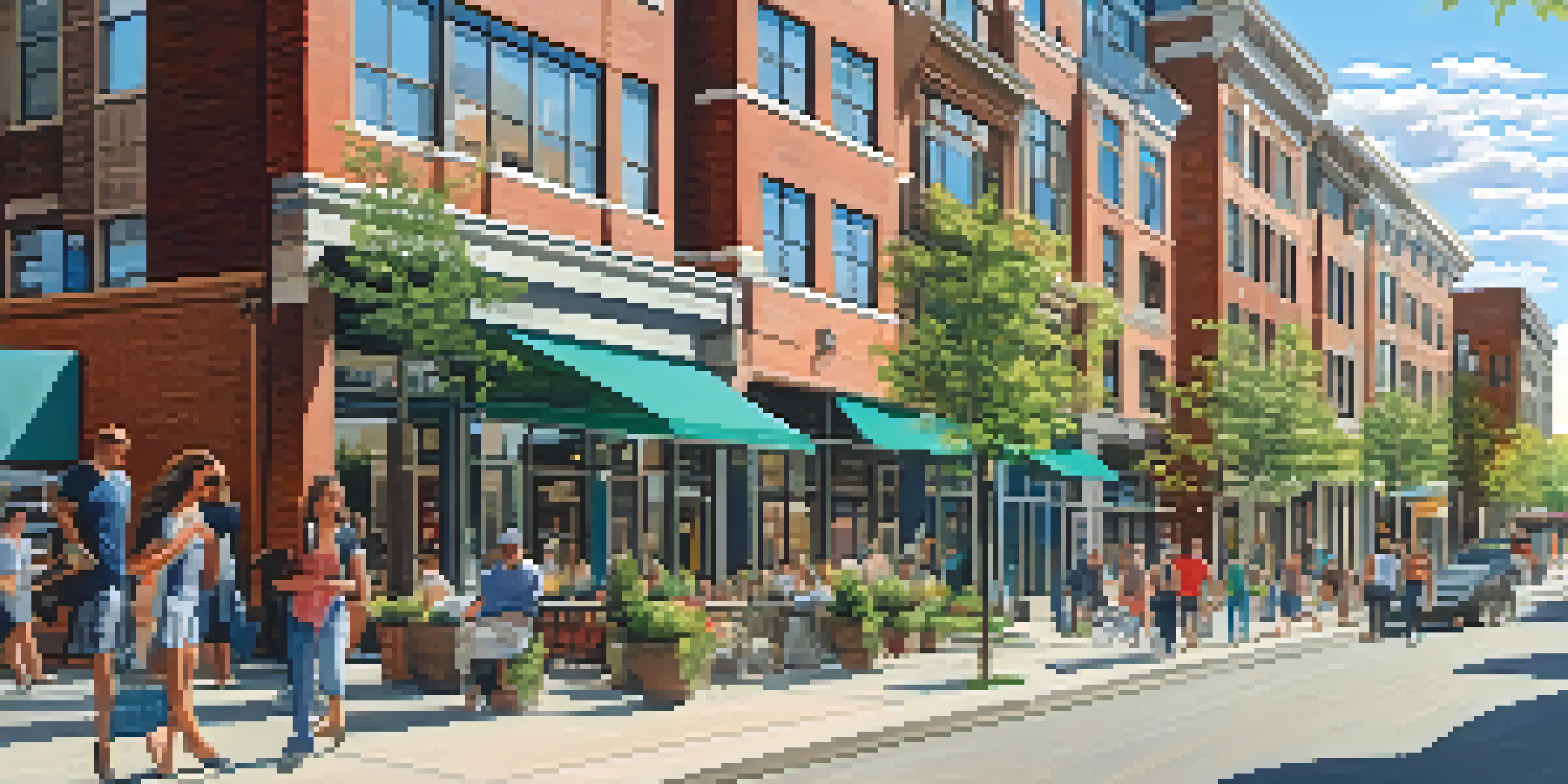 A lively urban scene in Buffalo with modern residential buildings, commercial shops, and people walking on a sunny day, highlighting mixed-use development.