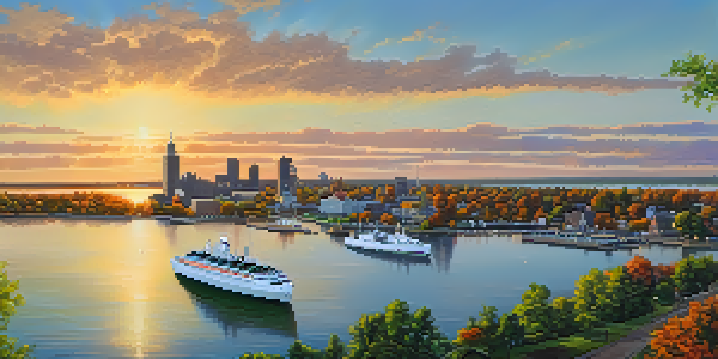 A scenic view of Buffalo's Naval Park at sunset, featuring two naval ships and visitors walking along the waterfront.
