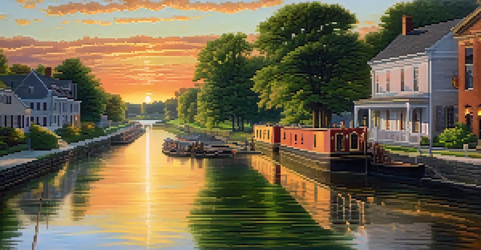 A picturesque view of the Erie Canal in the 1820s with boats and lush greenery at sunset.