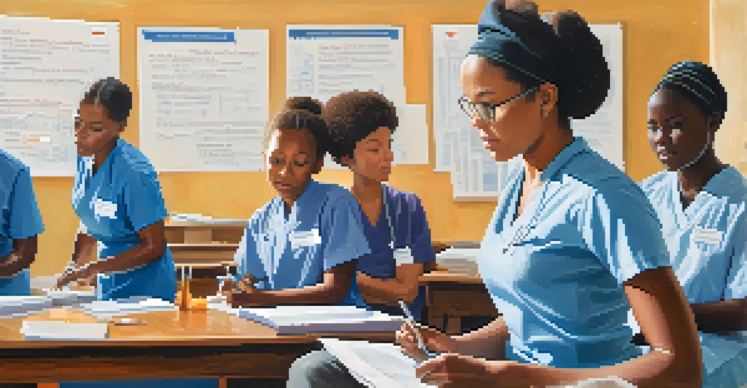 A diverse group of health workers learning in a classroom setting, with an instructor demonstrating a procedure.