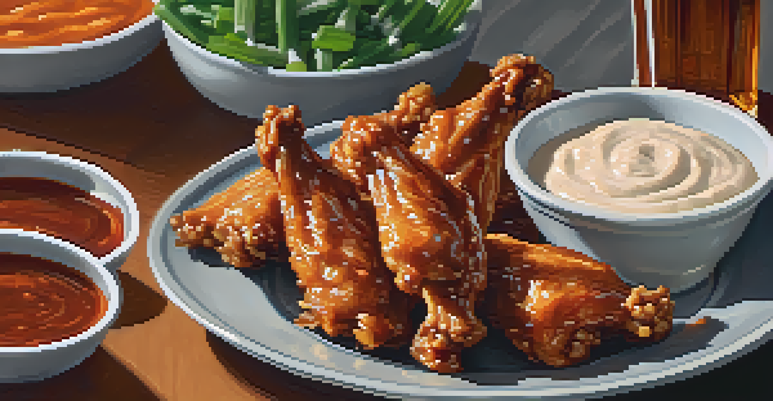 A close-up of spicy chicken wings on a plate with ranch dip and a glass of pale ale in the background.