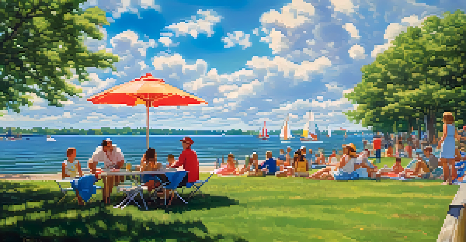 A lively summer day by Lake Erie, with people at the beach, colorful umbrellas, and sailboats on the water under a blue sky.