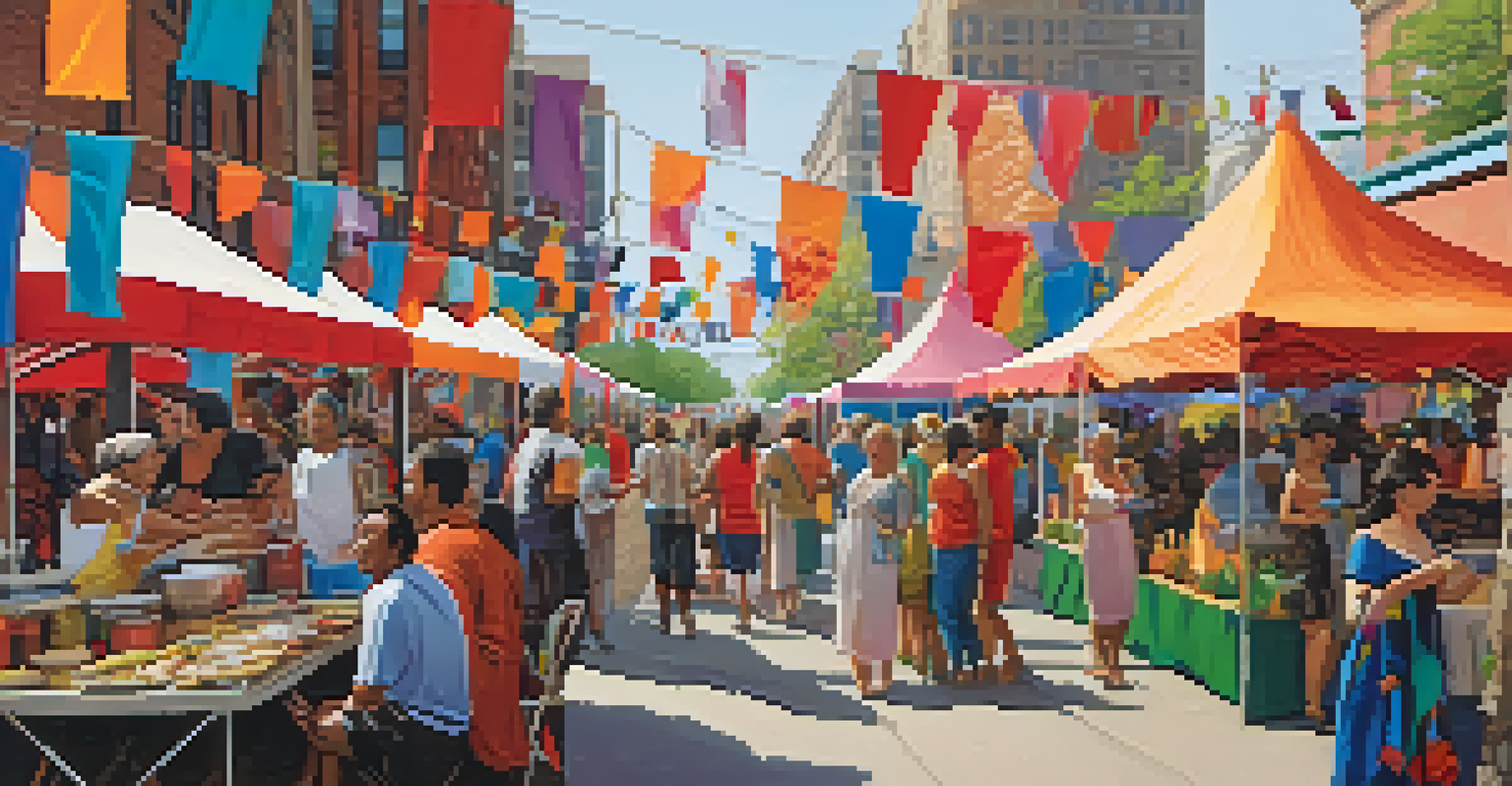 A vibrant outdoor cultural festival in Buffalo with diverse people enjoying music, food, and local crafts under colorful tents.