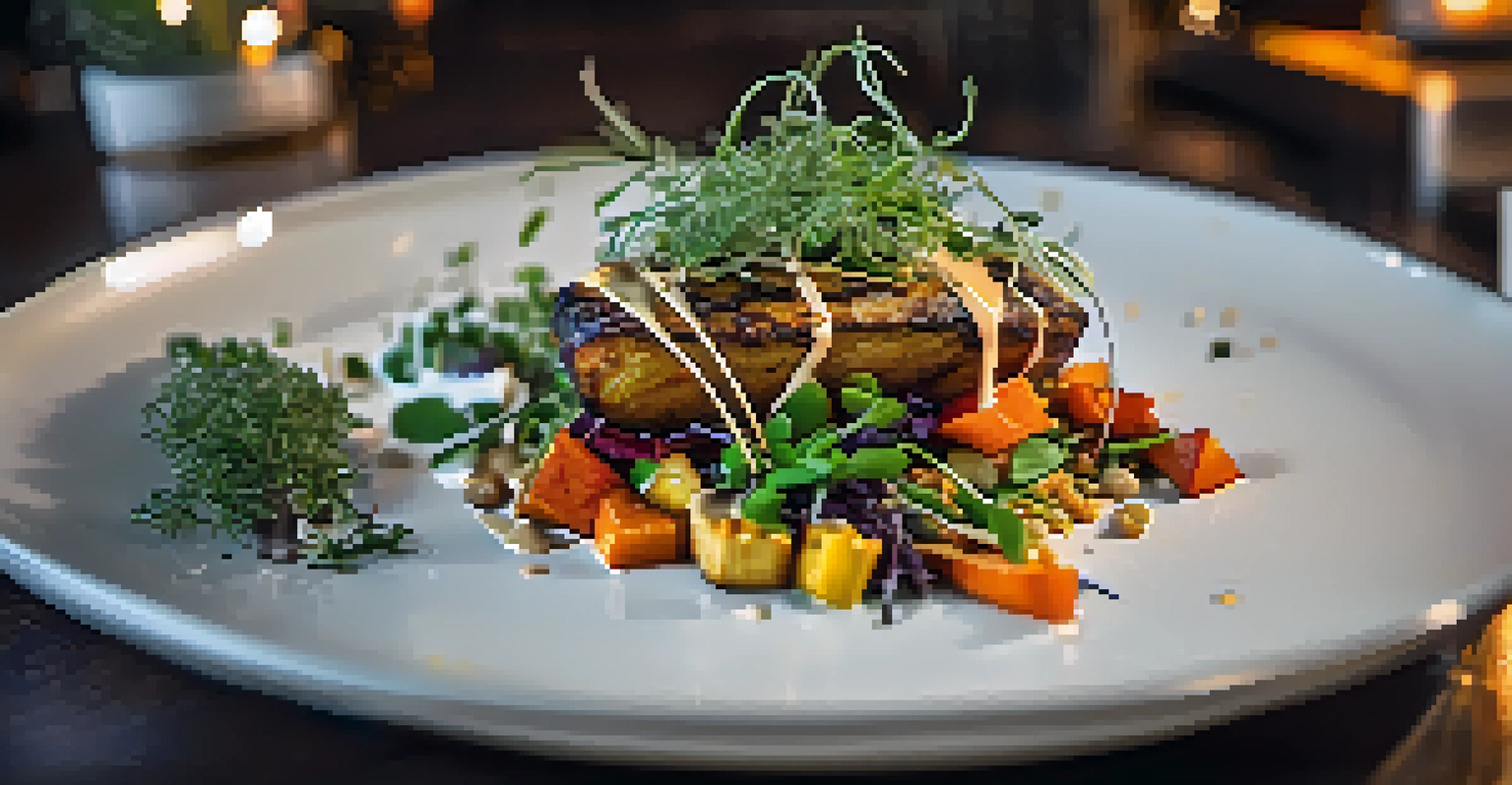 A gourmet vegan dish on a white plate, featuring roasted vegetables and quinoa, garnished with microgreens, served in a cozy restaurant with warm lighting.