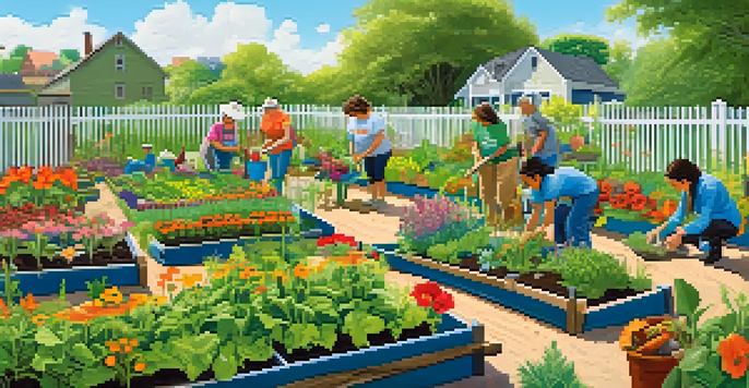 A community garden in Buffalo with volunteers planting flowers and vegetables, surrounded by greenery and a blue sky.