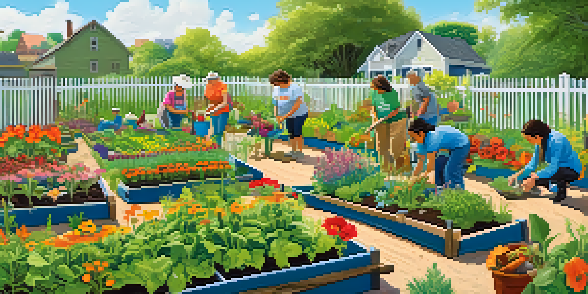 A community garden in Buffalo with volunteers planting flowers and vegetables, surrounded by greenery and a blue sky.