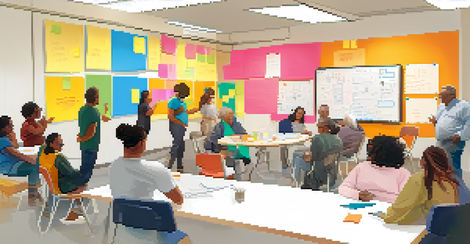 Residents participating in a community workshop, discussing ideas and writing on a whiteboard in a bright, welcoming room.