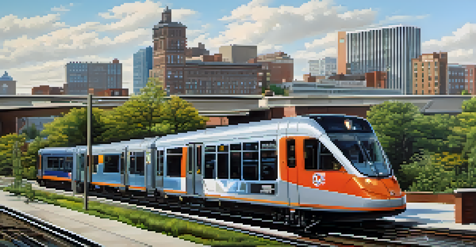 A modern urban scene showing the Buffalo Metro Rail with contemporary train cars, urban buildings, and green spaces under soft natural light.