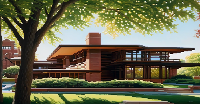 A detailed view of the Darwin D. Martin House, highlighting its horizontal lines and brick facade with surrounding greenery and soft sunlight.