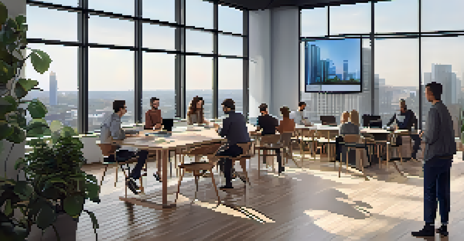 A bright co-working space in Buffalo with professionals collaborating, featuring modern furniture, greenery, and a view of the skyline.