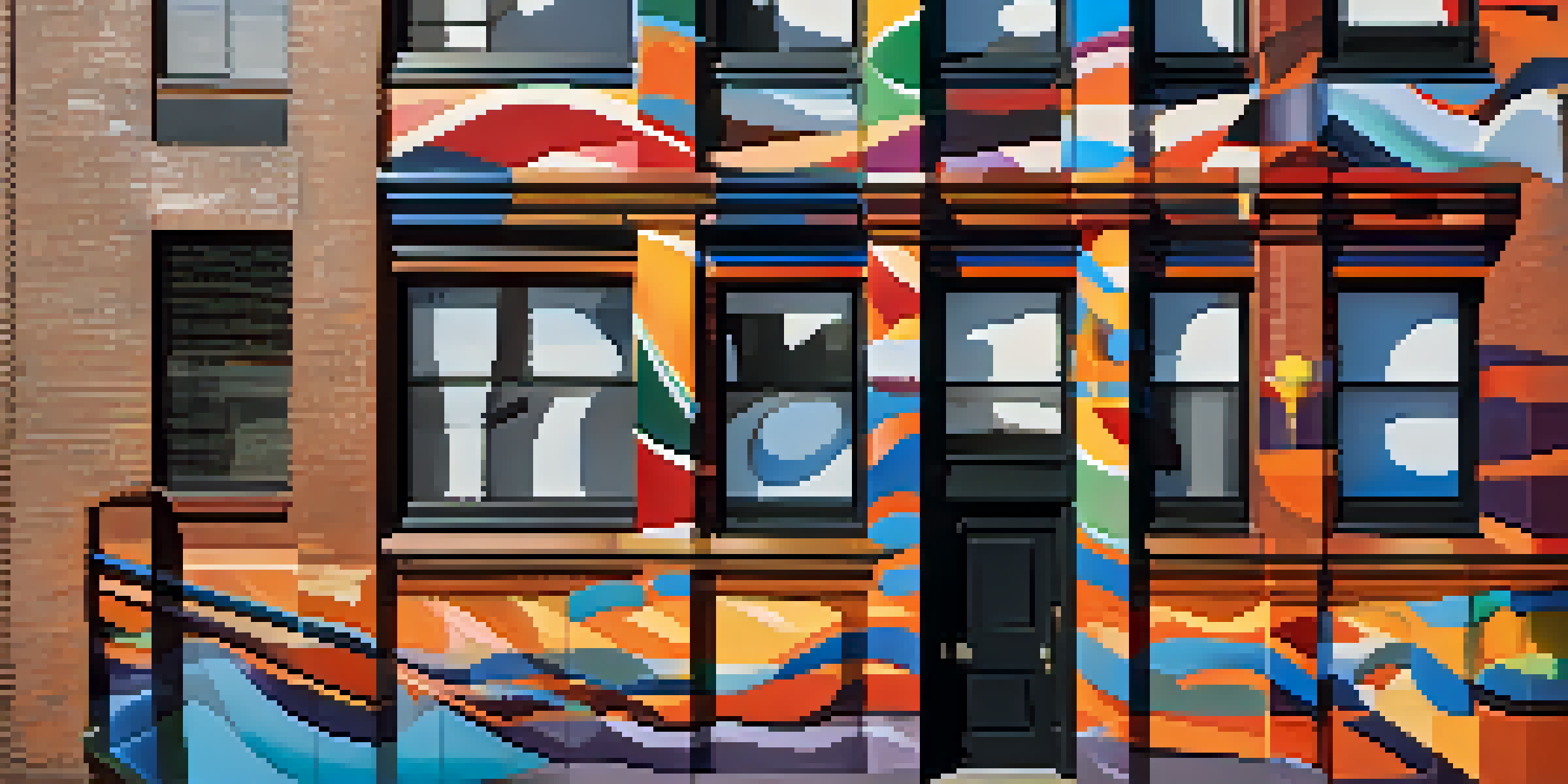 A colorful abstract mural on a brick wall in an urban setting of Buffalo, with swirling shapes and patterns illuminated by sunlight.