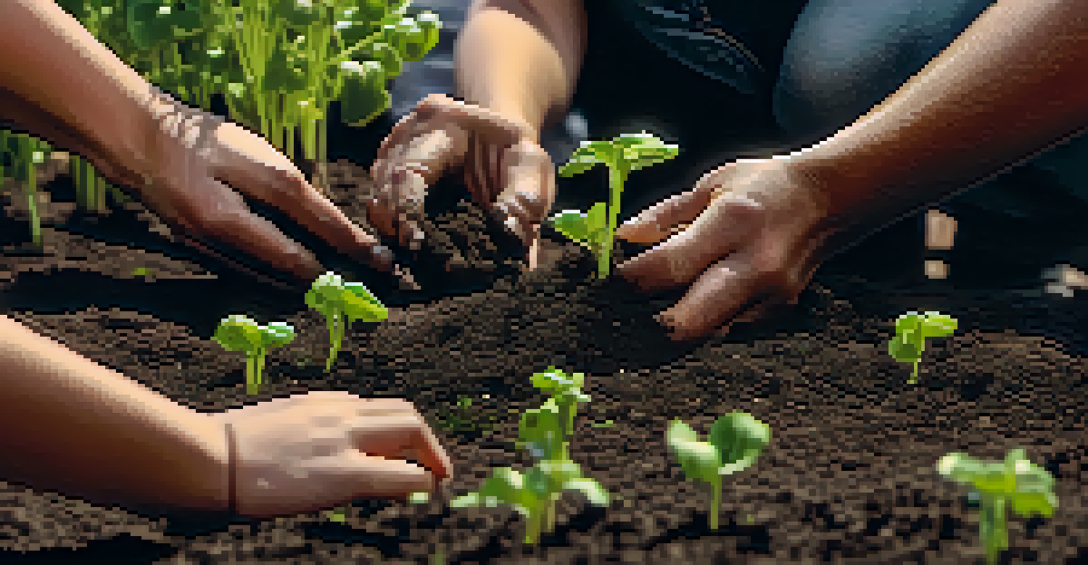 Close-up of hands planting seeds in dark soil at a community garden, with green sprouts and sunlight illuminating the scene.