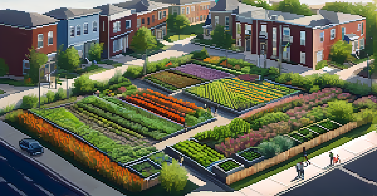 Aerial view of a community garden in Buffalo with organized plots, residents interacting, and urban buildings surrounding it.