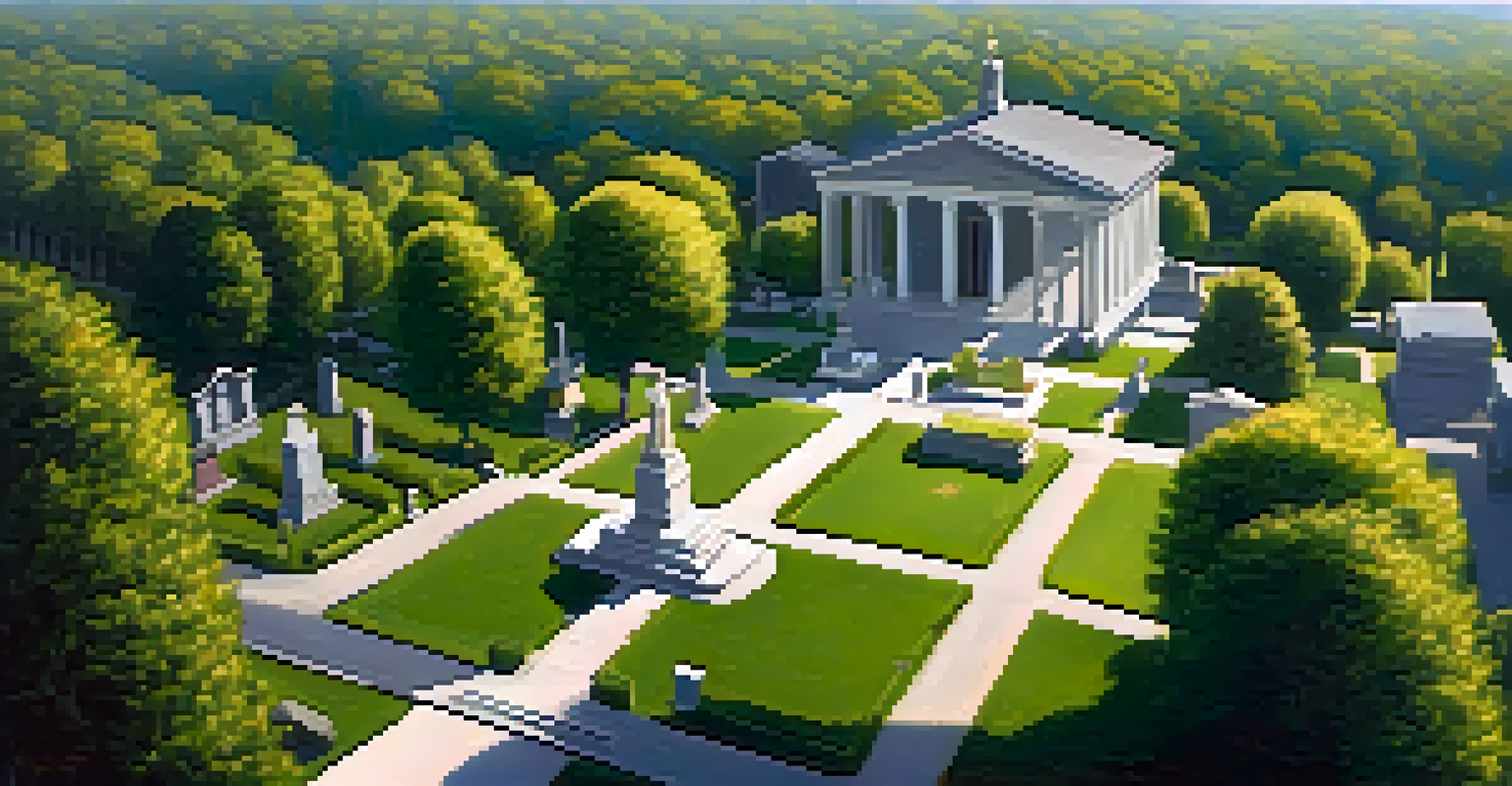 An aerial perspective of a cemetery with neatly maintained grounds, statues, and gravestones bathed in soft sunlight and shadows from trees.