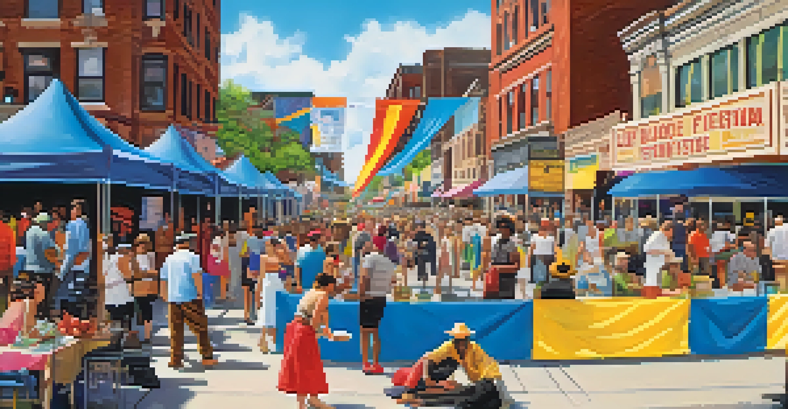 A lively festival scene with diverse performers and artists engaging with an audience, surrounded by colorful decorations and booths under a clear blue sky.