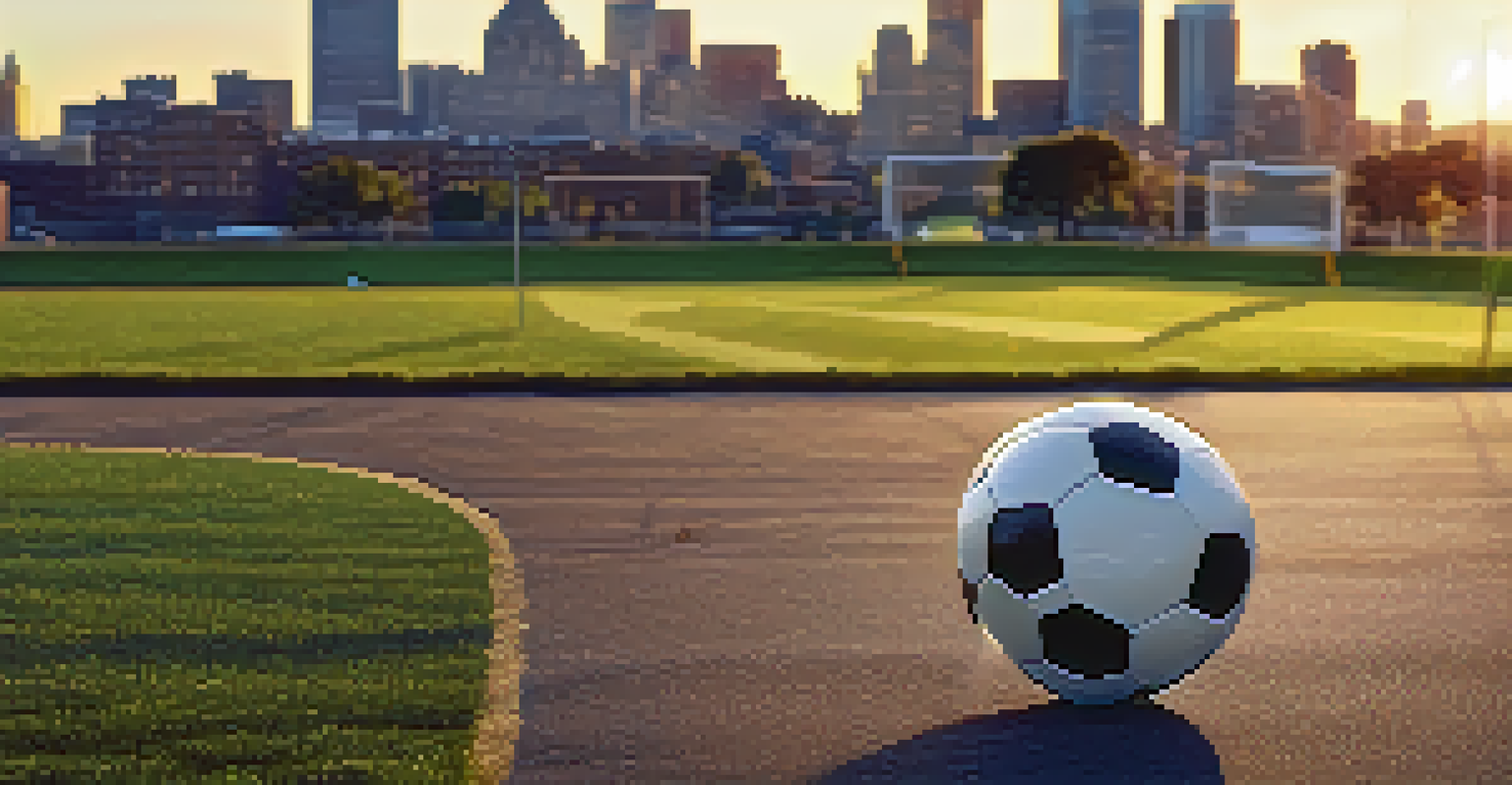 A close-up of a soccer ball on a green field with the Buffalo skyline in the background during sunset.