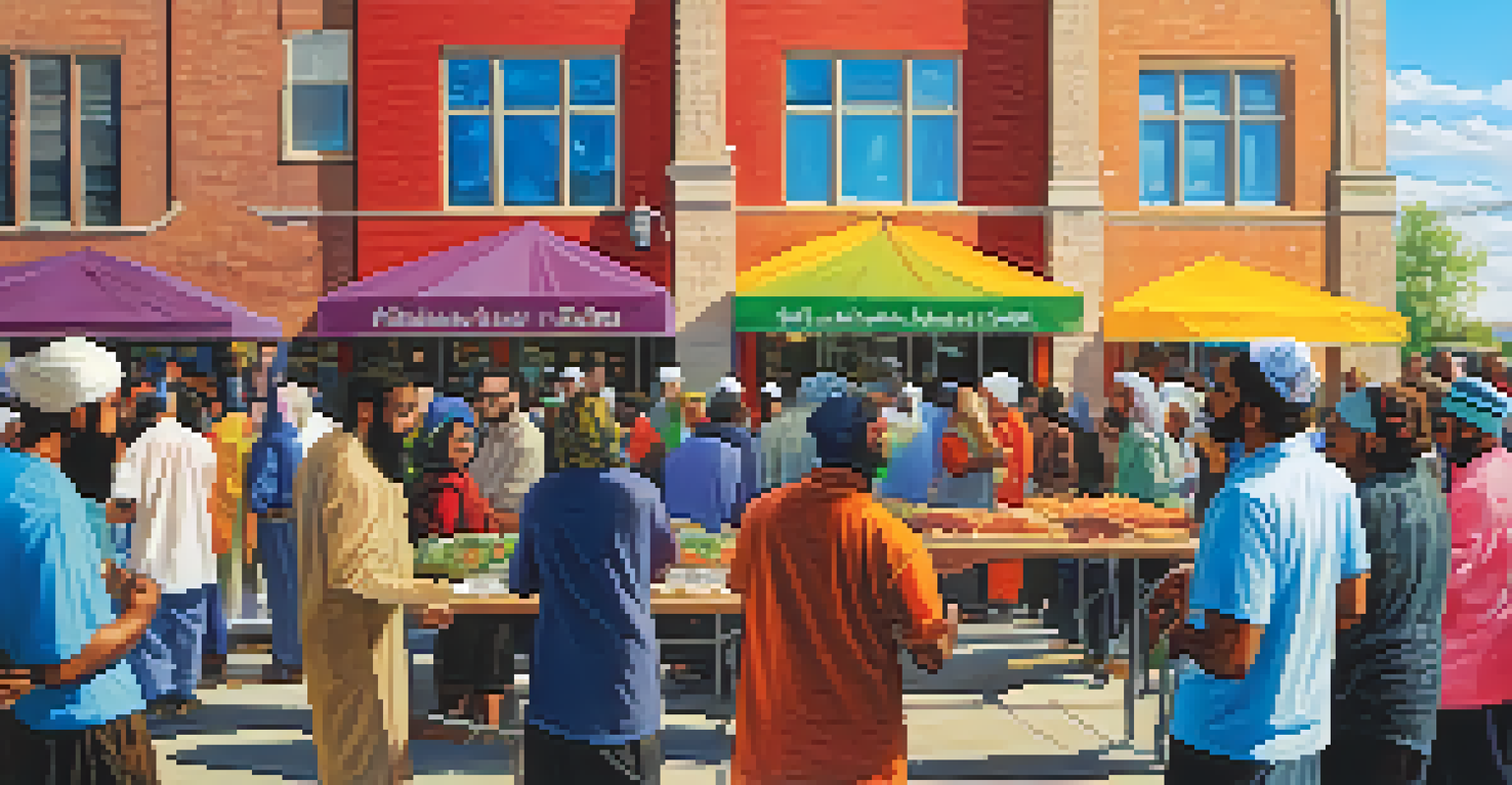 A lively community gathering outside the Islamic Society of Buffalo, showcasing diverse groups interacting and sharing food on a sunny day.