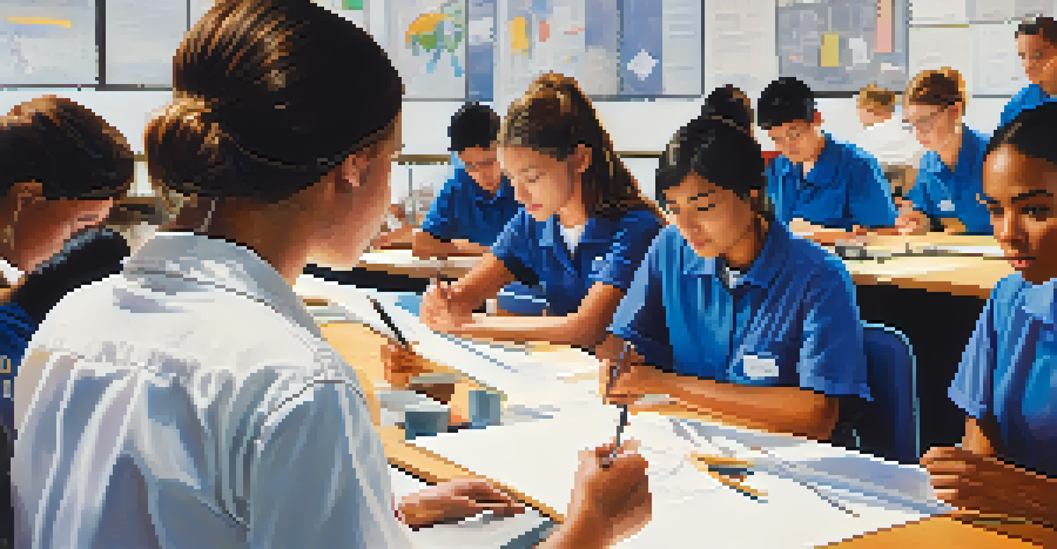 An instructor demonstrating a skill to attentive adult learners in a vocational classroom.
