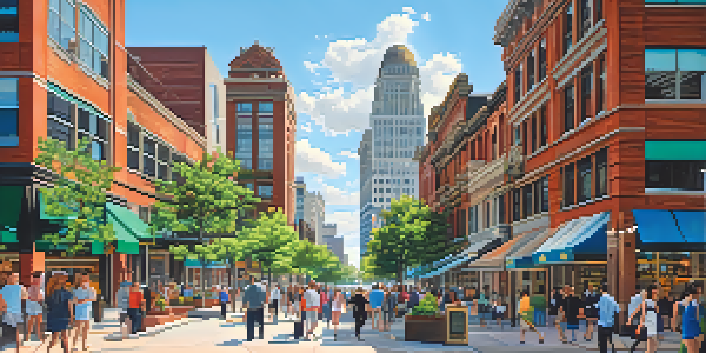 A lively downtown Buffalo street with modern buildings, people walking, and bright storefronts under a clear blue sky.