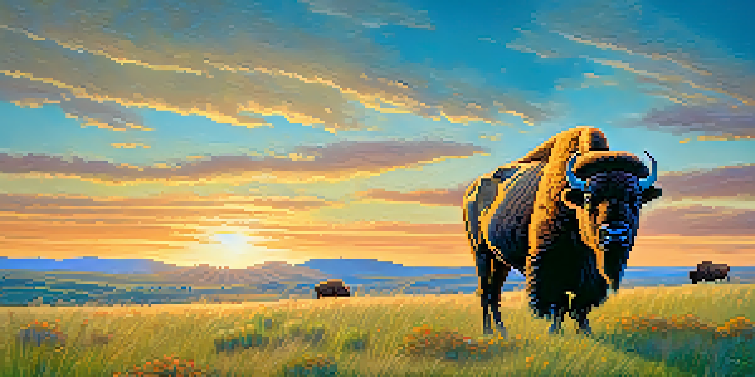A buffalo on a green plain with a sunset in the background, revealing its fur texture and surrounding wildflowers.
