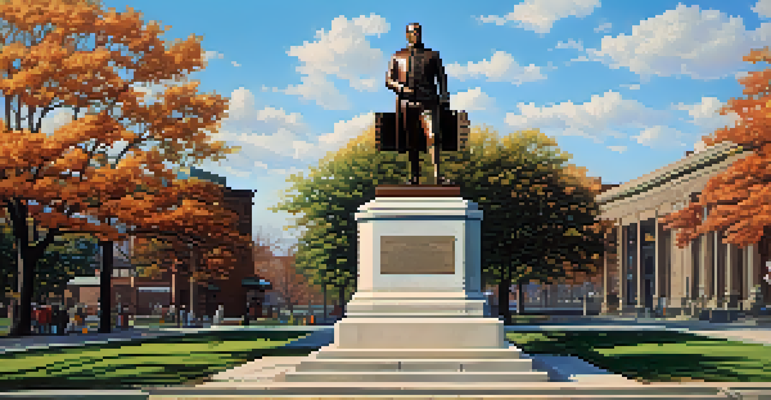 A detailed statue of General William McKinley in a historic square, surrounded by flowers and green lawns under a blue sky.