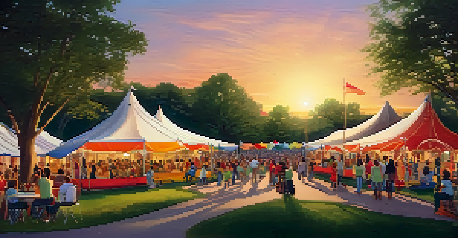 A cultural festival in a Buffalo park with families enjoying music and activities under colorful tents during sunset.