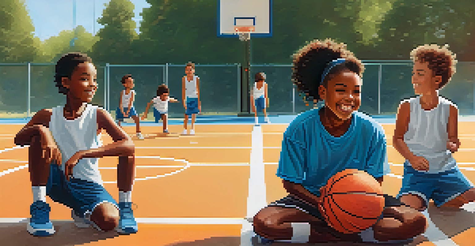 A volunteer coach teaching young athletes basketball skills in a bright gym.