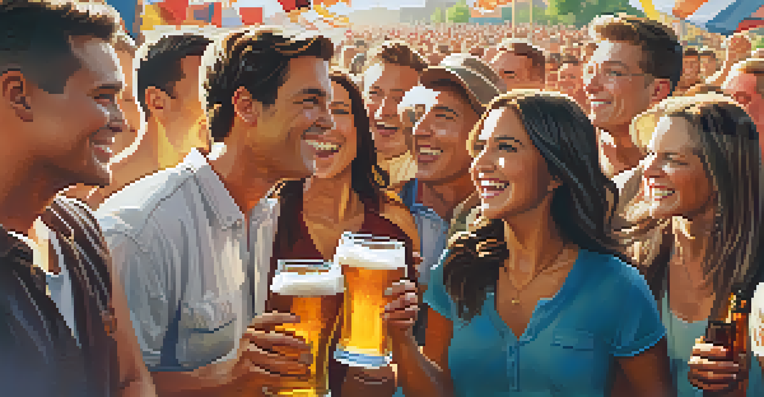 A group of friends toasting at a Buffalo beer festival, with colorful banners and a lively crowd in the background.