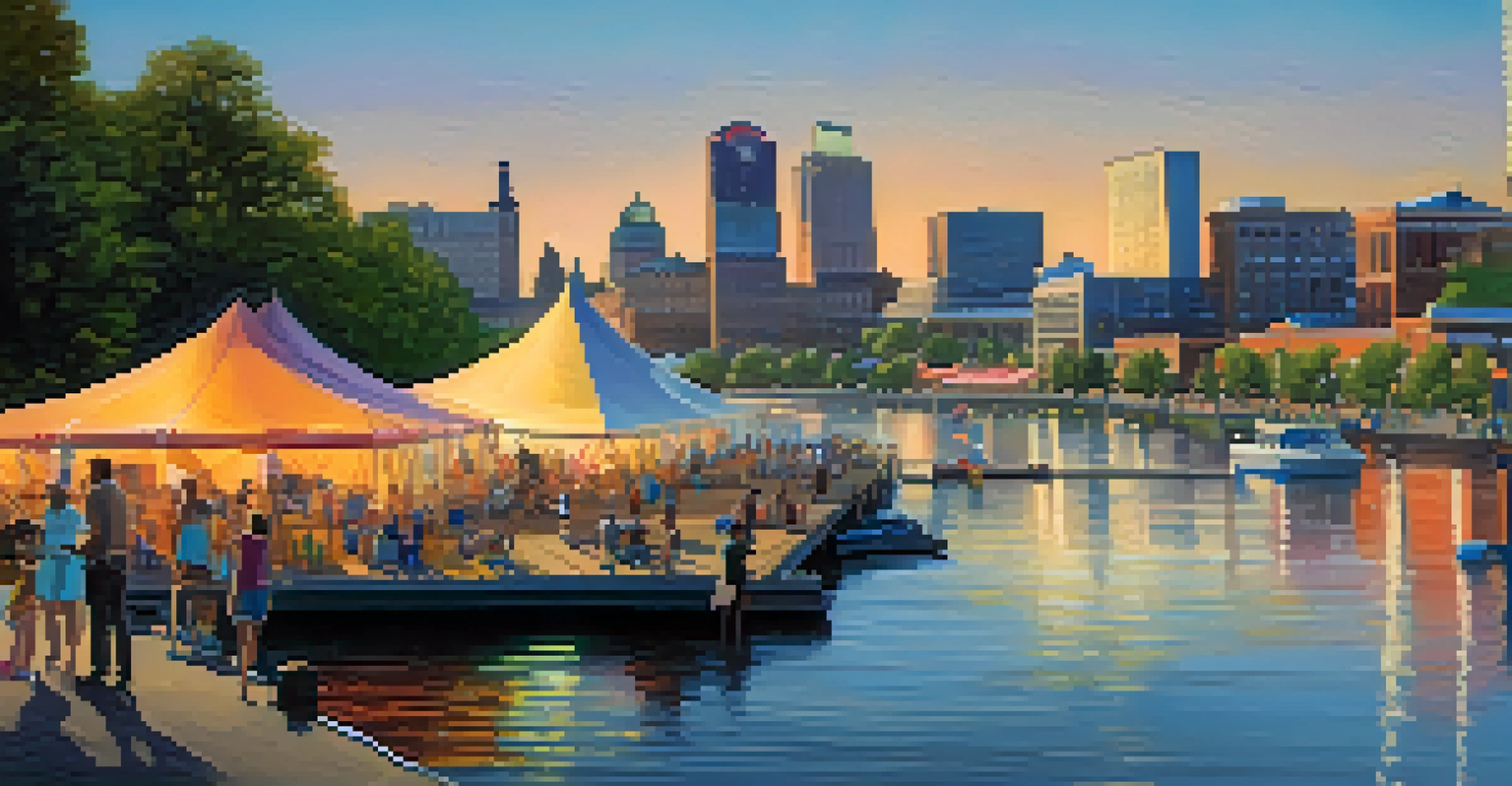 A picturesque riverfront festival scene with art installations and families participating in activities, set against the backdrop of a beautiful sunset over the water.