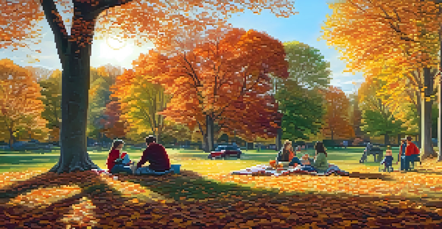 A family having a picnic in a Buffalo park surrounded by trees with vibrant autumn leaves.