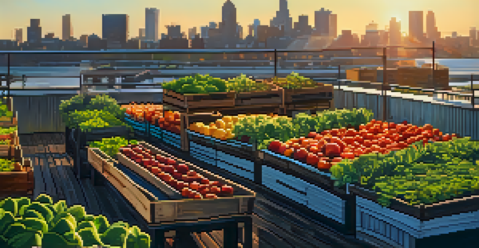A rooftop urban farm in Buffalo with fresh produce and a city skyline in the background, illuminated by golden hour light.