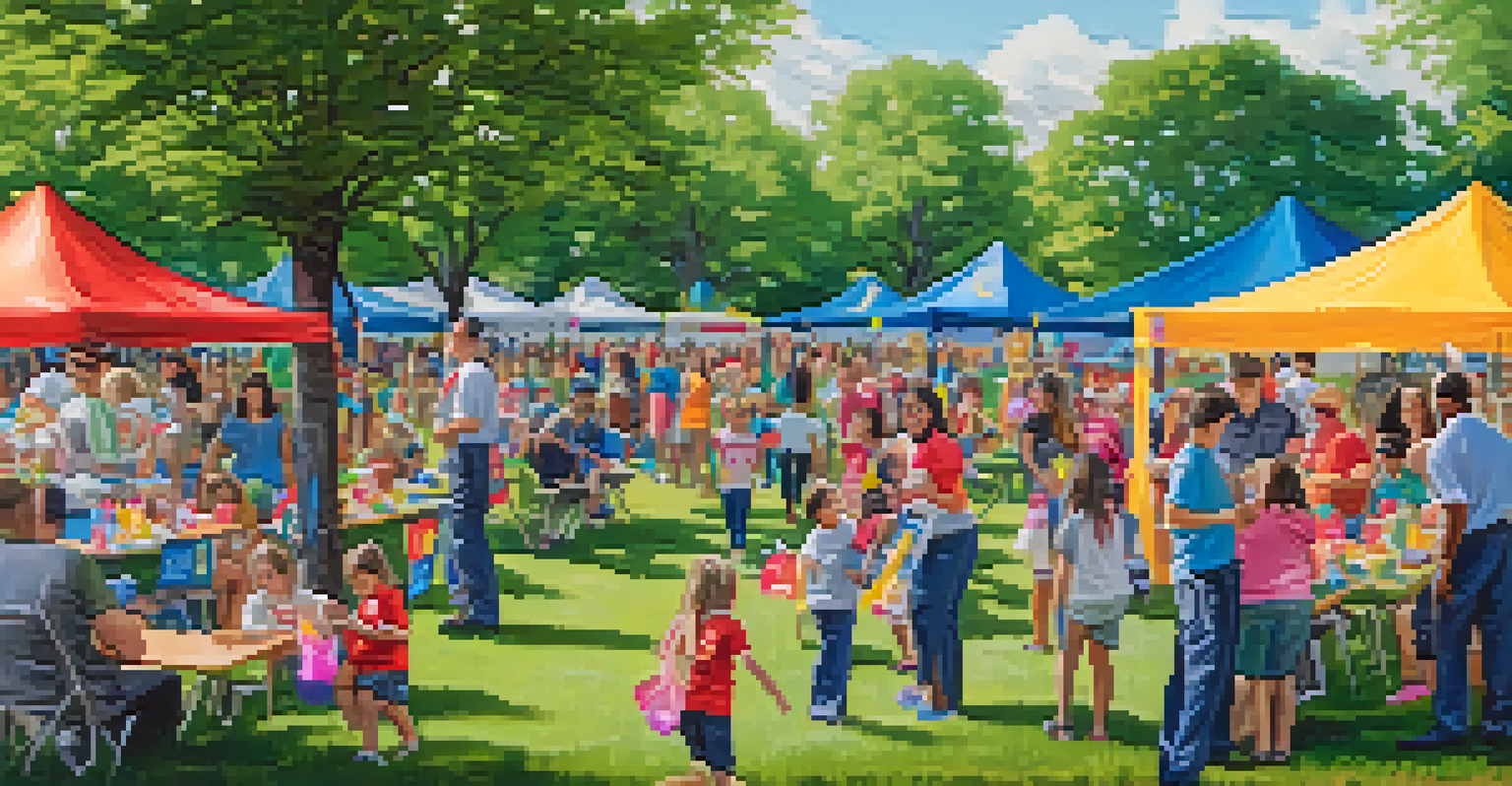Military personnel and families engaging in a community event at a park in Buffalo, with colorful banners and activities for children.