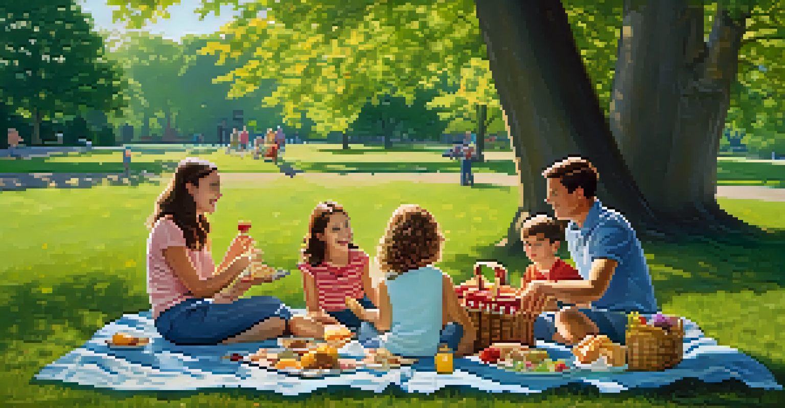 A family picnicking in Delaware Park with kids playing and trees in the background.