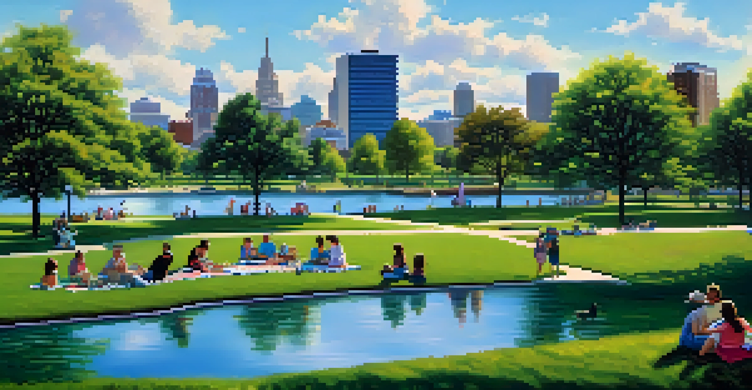 A picturesque waterfront park in Buffalo with greenery, families, and the city skyline in the background.