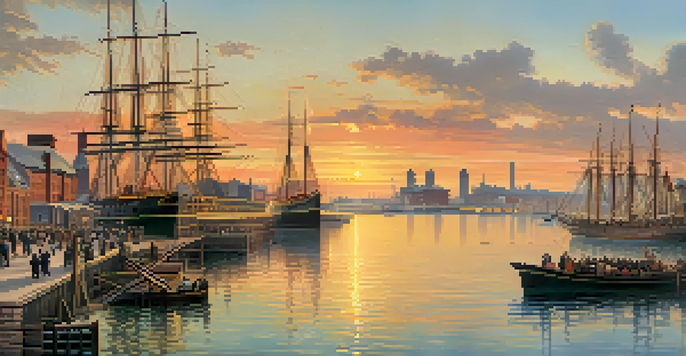 A historical scene depicting Buffalo's waterfront in the late 1800s, with busy docks, ships, and people, illuminated by a sunset.