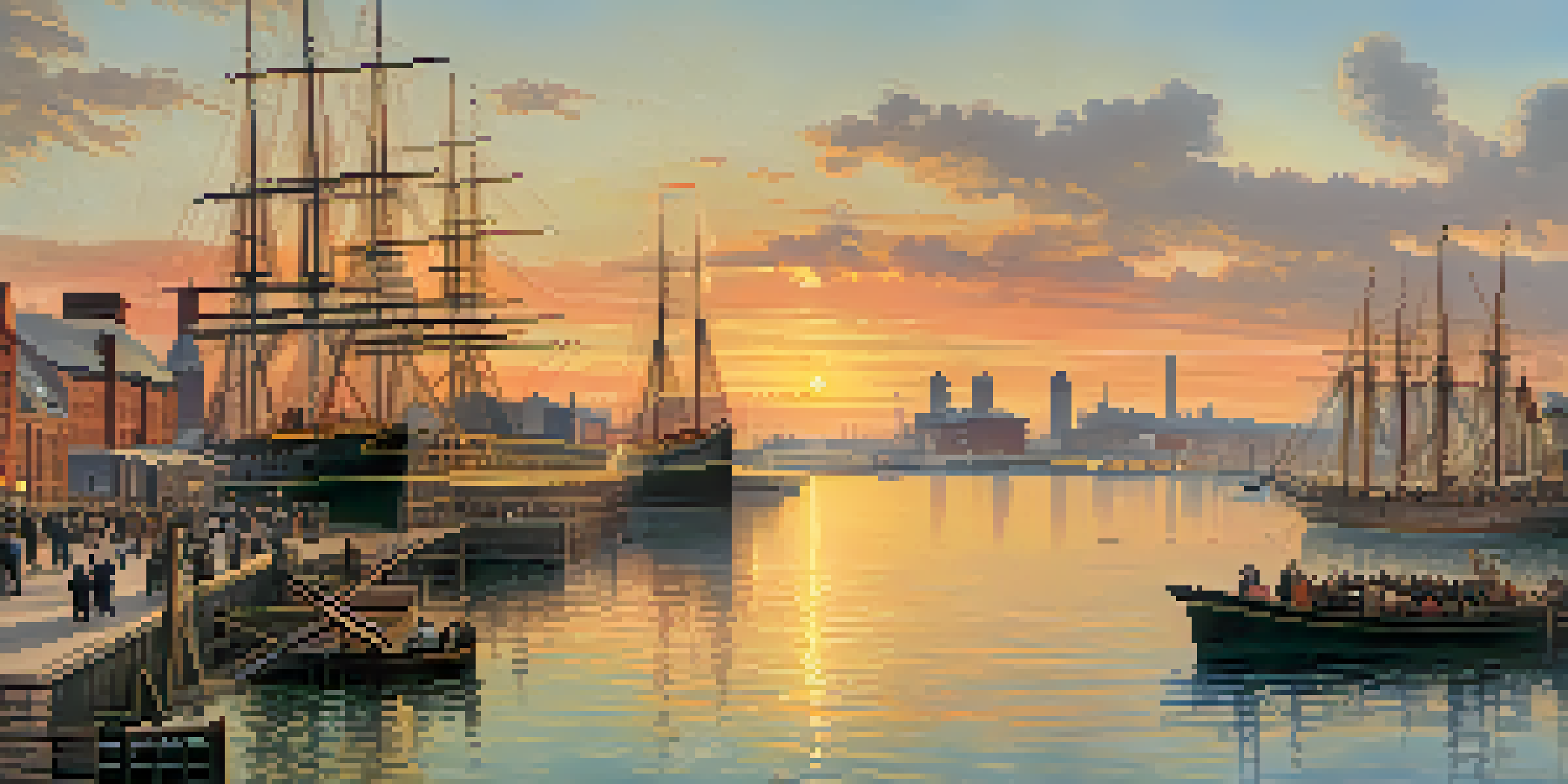 A historical scene depicting Buffalo's waterfront in the late 1800s, with busy docks, ships, and people, illuminated by a sunset.