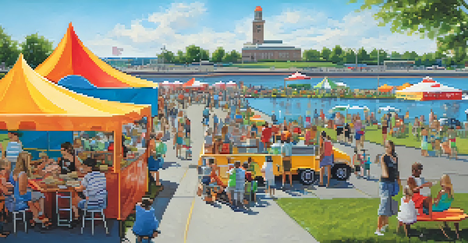 Families enjoying a lively food festival at Buffalo's Outer Harbor with colorful food trucks and art installations.