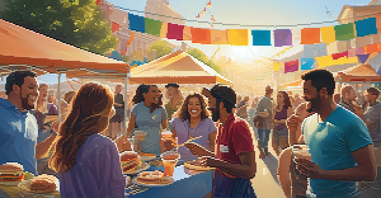 A group of friends enjoying a variety of foods at a food truck festival during sunset, with laughter and colorful banners in the background.