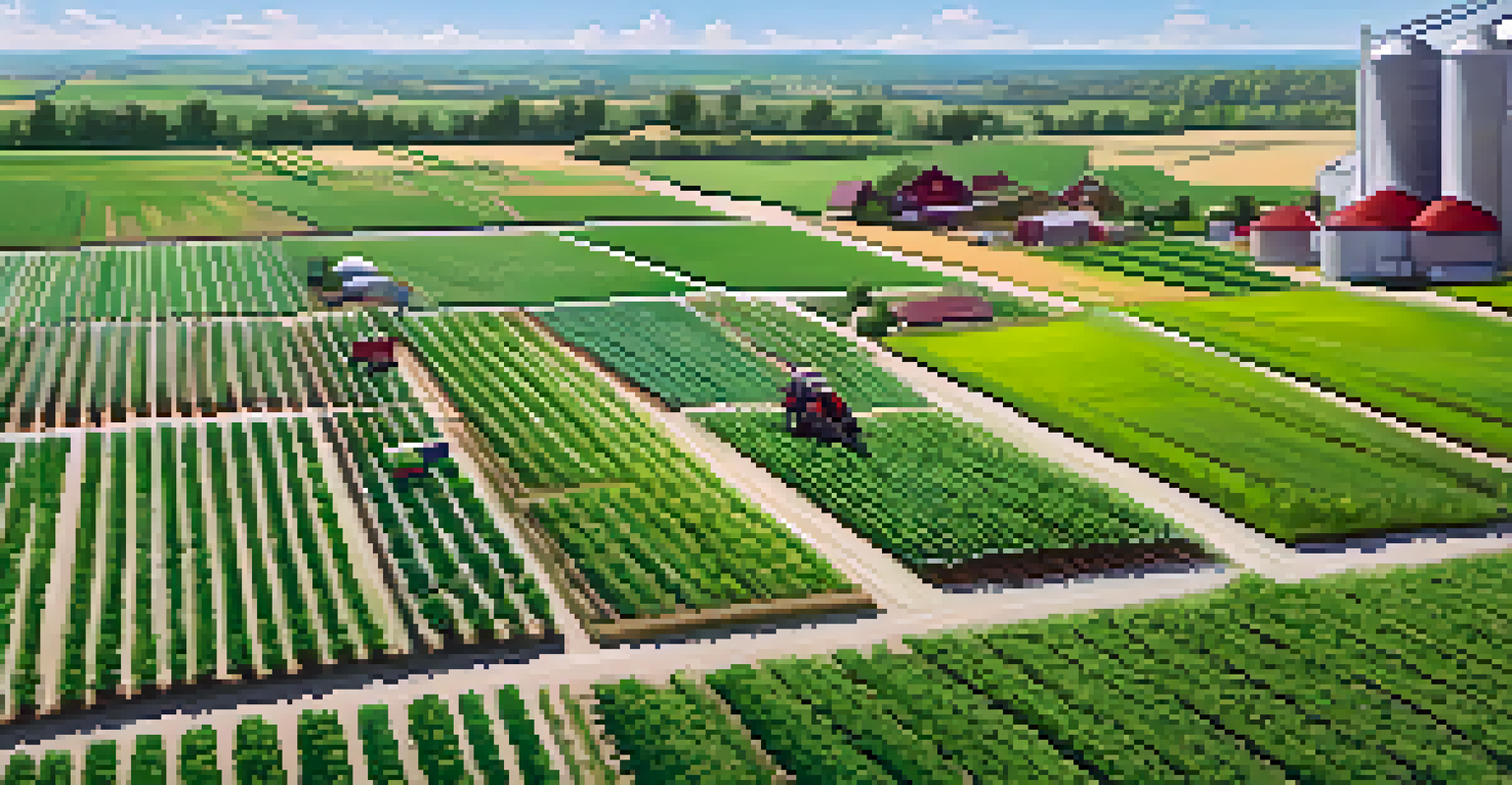 A scenic farm in Buffalo using drones and sensors for smart farming, with lush green crops.