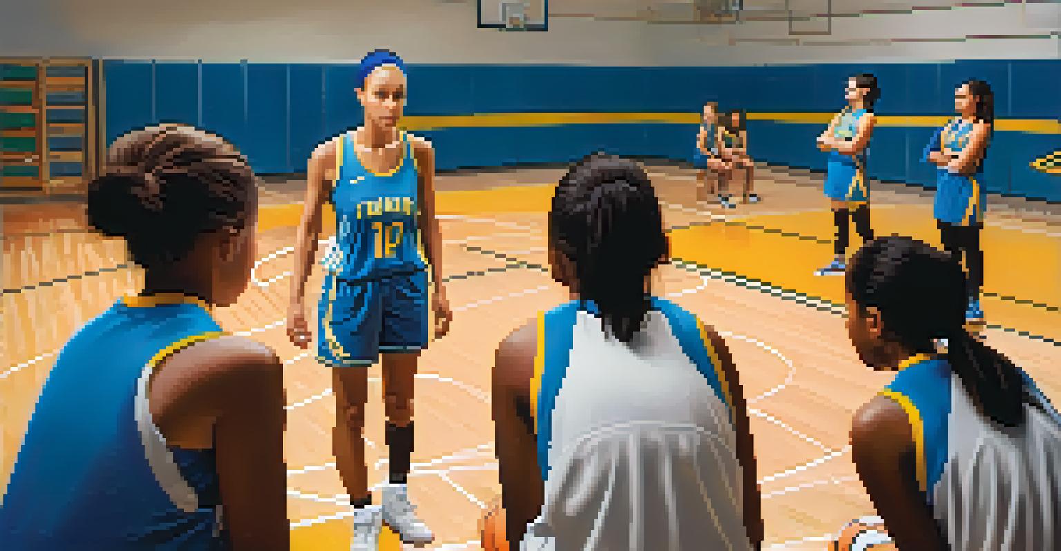 A female basketball coach instructing young female athletes on a court, showcasing teamwork and skill development.