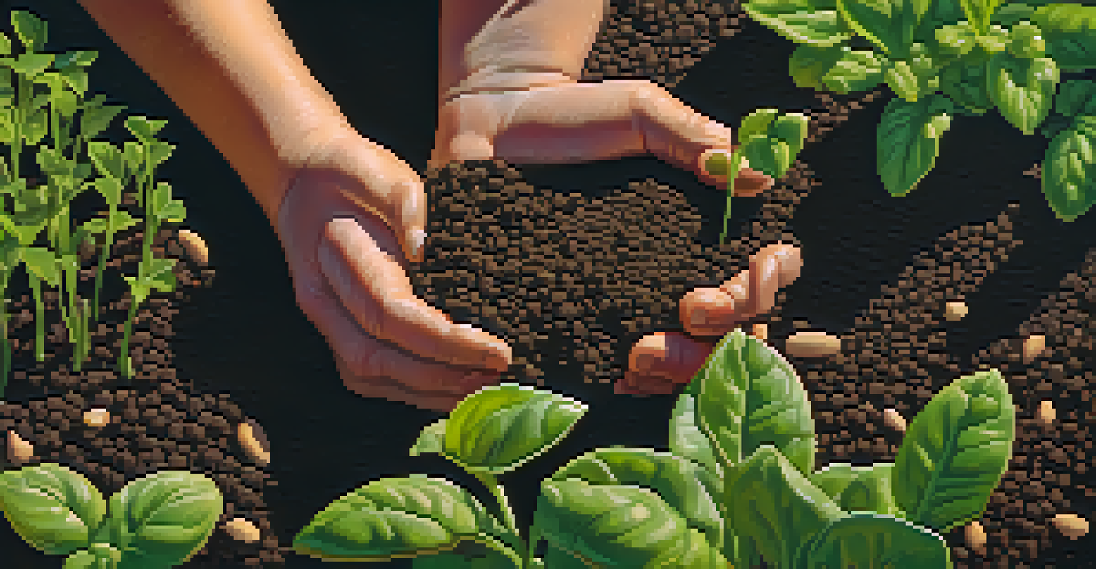 Close-up of hands planting seeds in soil, surrounded by seedlings and gardening tools, illuminated by sunlight.