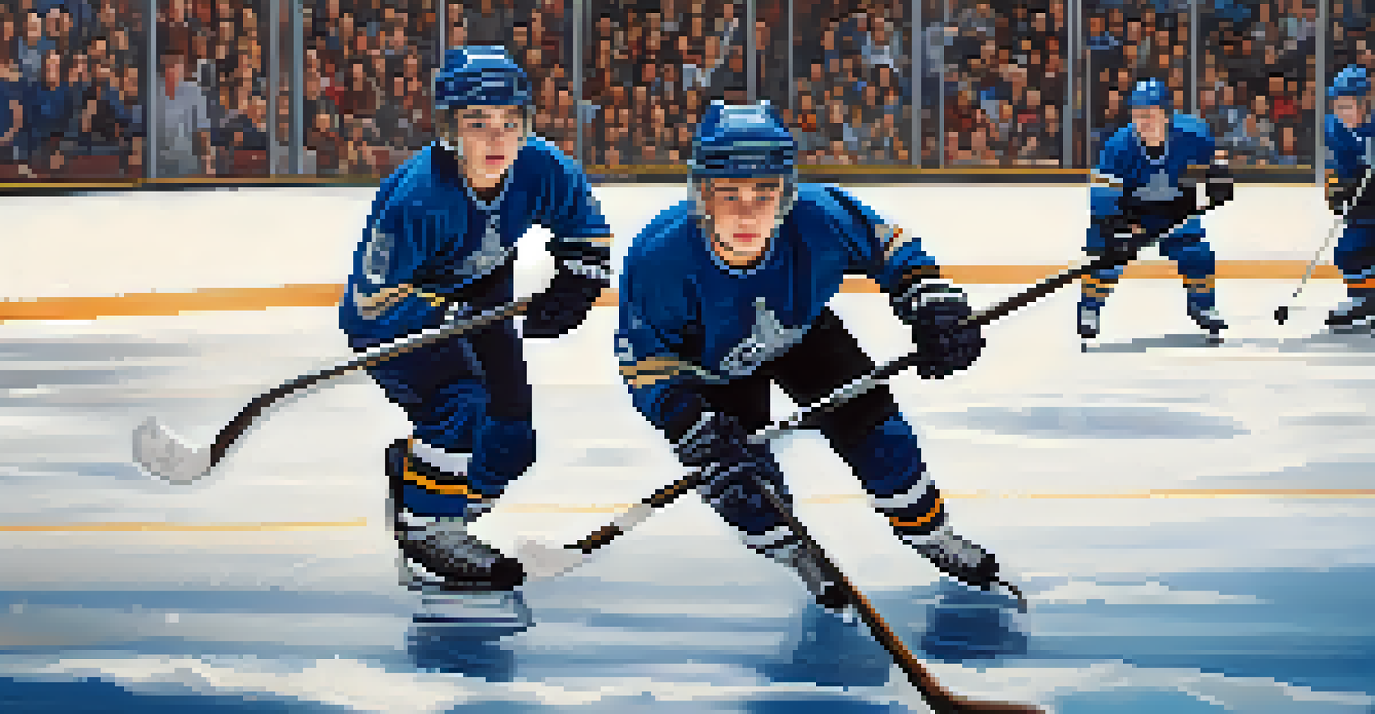 Close-up of young hockey players practicing on the ice, showcasing their determination.