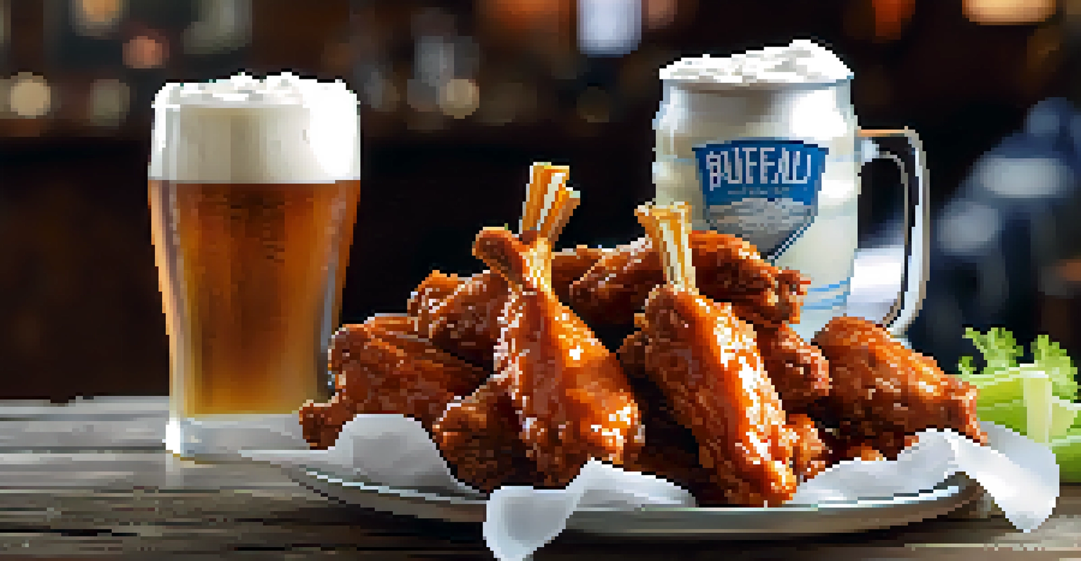 A plate of buffalo wings with celery and blue cheese dressing, alongside a frosted glass of lager on a rustic wooden table.