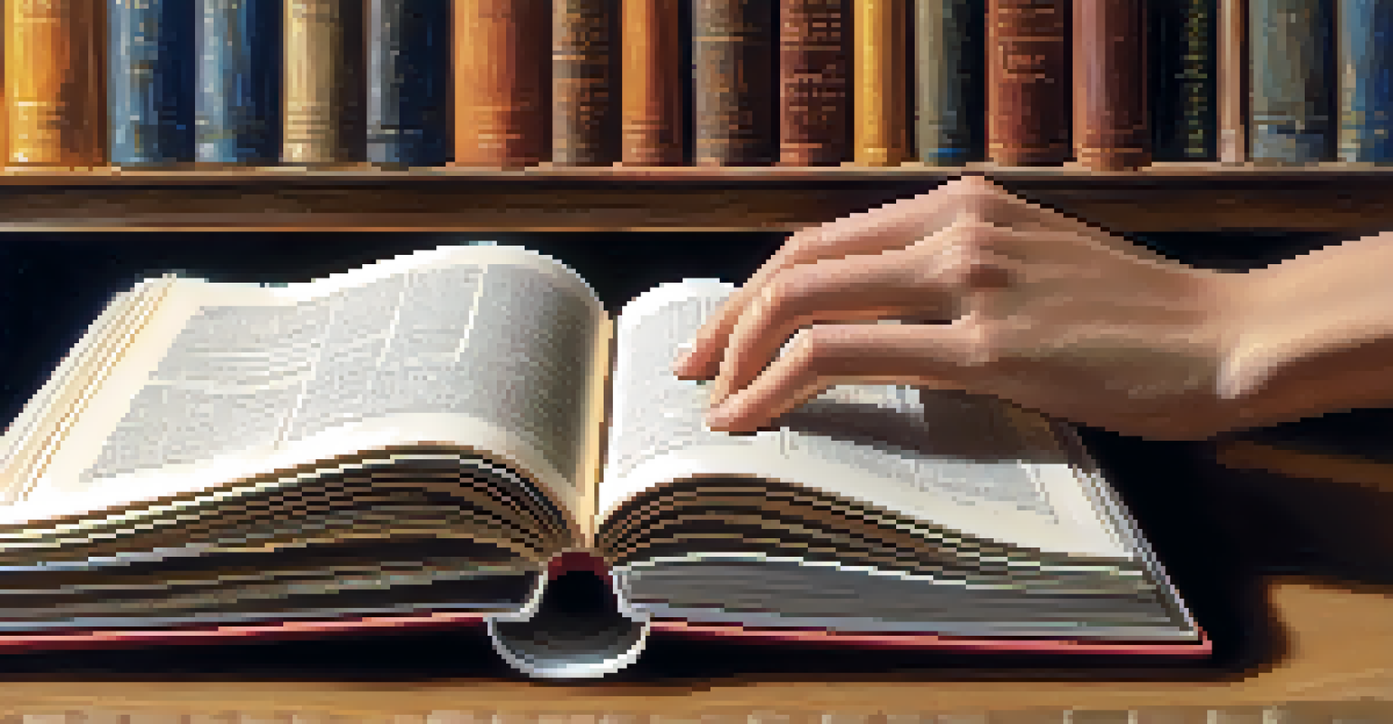 A close-up of hands turning the pages of a classic book in a serene Buffalo library, illuminated by soft natural light.