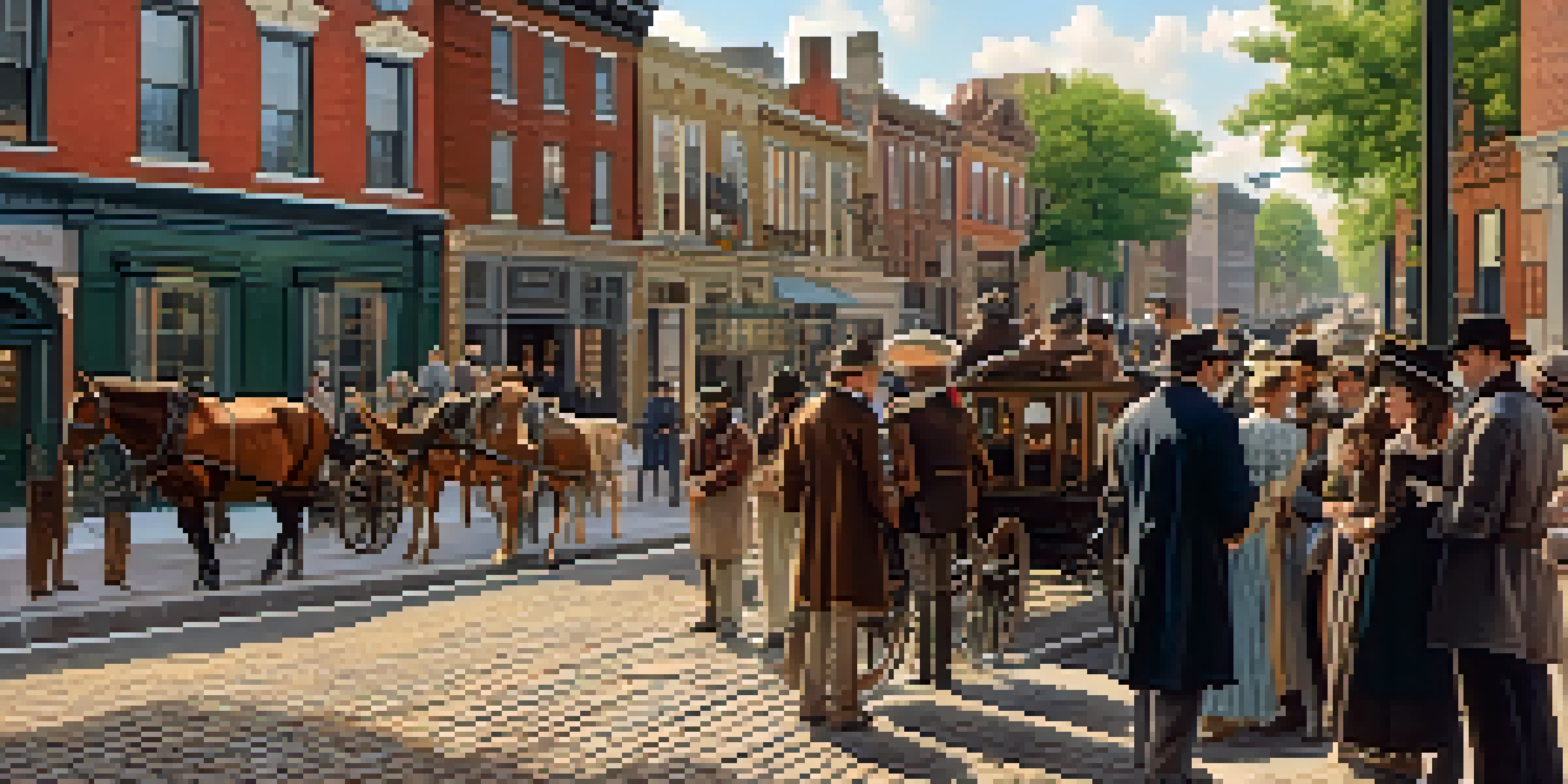 A lively 19th-century Buffalo street scene with people discussing abolition, showcasing historical clothing and architecture.